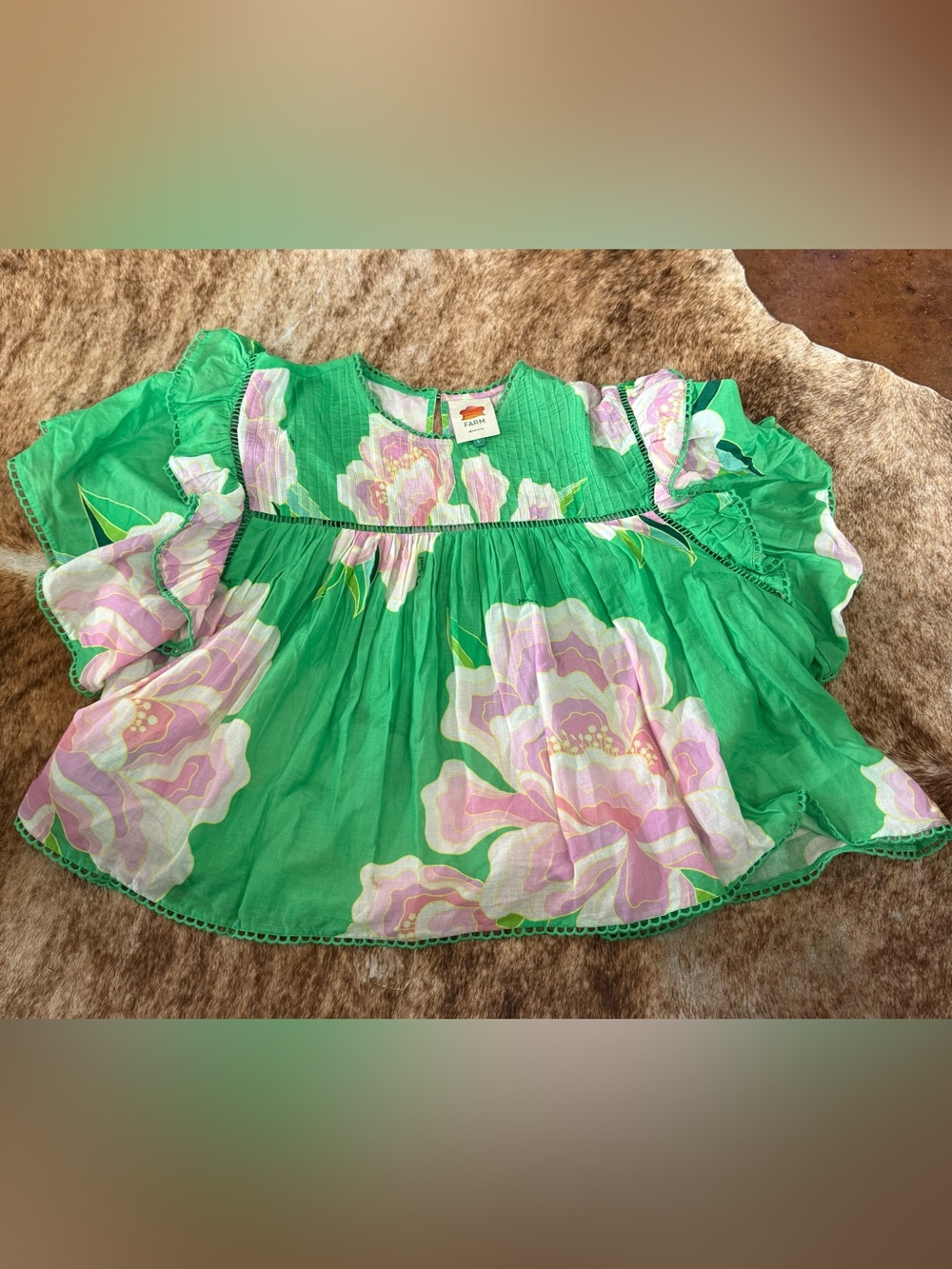 FARM Rio Green Pink Floral Flutter Sleeve Blouse Top Womens Large - Picture 2 of 15